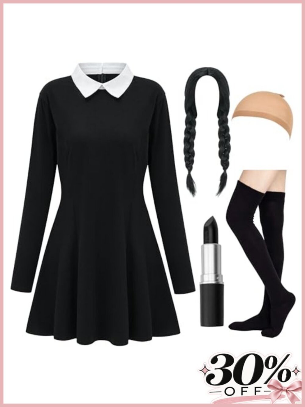 Women's Halloween Costume Set 2026 Long Sleeve Peter Pan Collar Dress Wig Socks